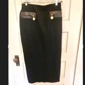 Donna Karan Knit Pencil Skirt Black Leather trim NWT 12